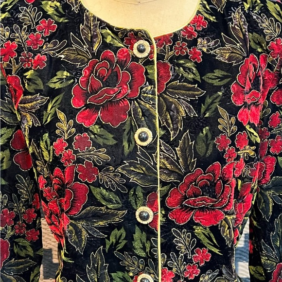 VINTAGE 80s velvet rose waistcoat bodice jacket blazer Victorian gothic floral - Picture 10 of 15
